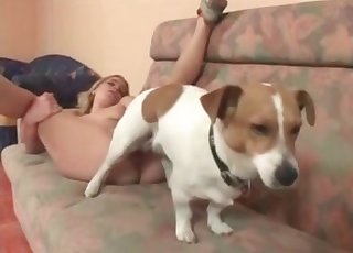 Blonde with a great body about to be fucked by a mutt