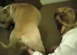 Masked lady rubs and sucks her dog jizz-shotgun