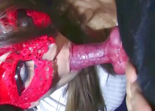 Beauty in a red mask sucks a nice doggy penis on camera