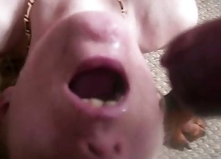 Dog ejaculates a big load over her boobs
