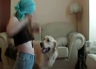 Blindfolded zoophile and her mutt